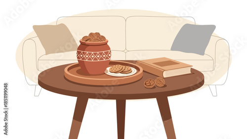 Cozy living room scene with comfortable sofa and coffee table decor