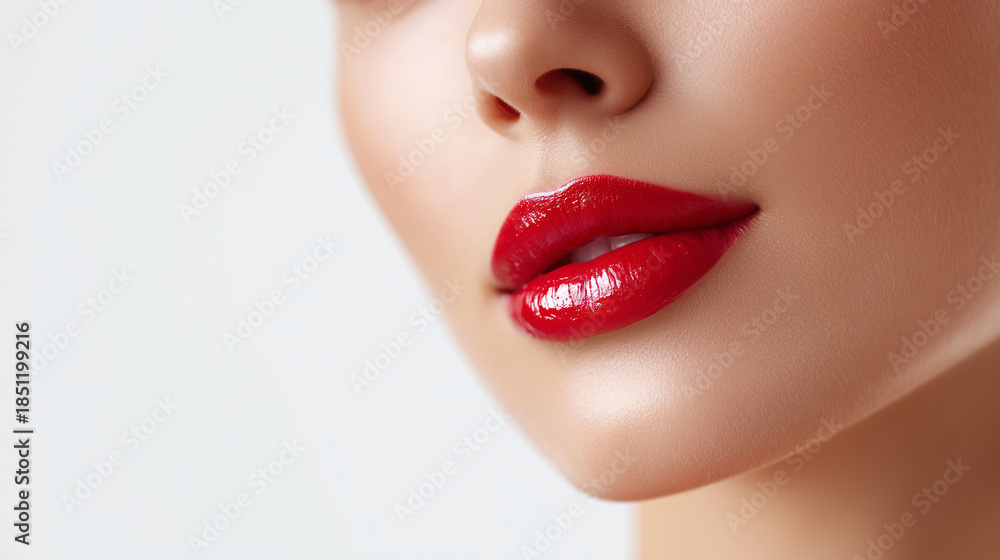 Obraz premium Glossy red lips close-up with smooth skin texture on clean white background, elegant beauty and makeup concept showing sensual lipstick shine, minimal aesthetic for cosmetics advertising, branding