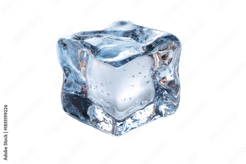 Obraz premium Crystal clear melting ice cube with unique texture and refreshing blue hue, isolated, perfect for cool drinks. isolated on transparent background