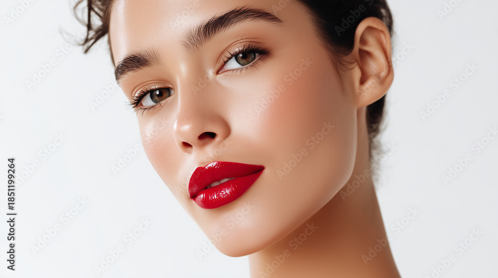 Fototapeta premium Elegant beauty portrait of woman with glossy red lips and flawless skin on clean white background, luxury makeup concept for cosmetics advertising, skincare branding, fashion editorials, banners