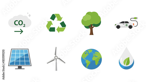 Eco-friendly symbols: renewable energy, recycling, and sustainability icons