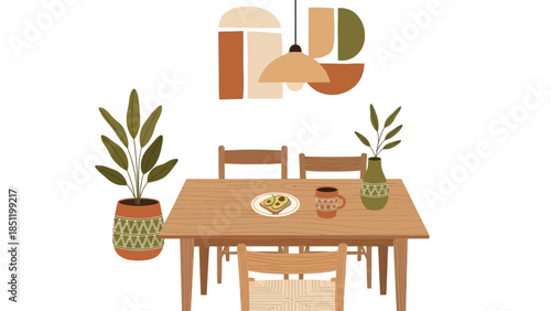 Cozy dining room with wooden table and modern abstract decor elements