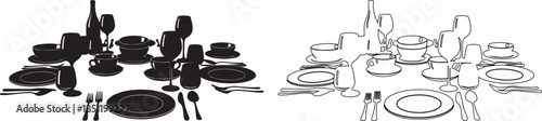 Elegant Dinner Table Setting Vector with Black Silhouette and Outline isolated PNG with Transparent Background