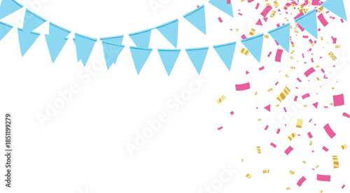 Festive vector illustration featuring blue bunting flags and falling pink and gold confetti on a white background for party celebrations and birthdays.