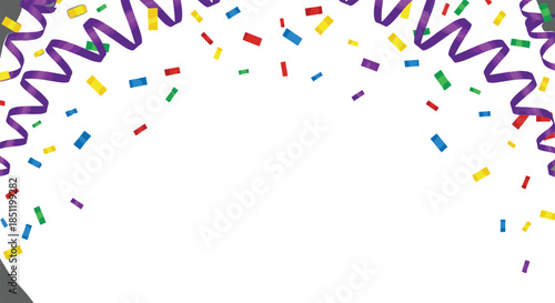 Festive vector illustration featuring a colorful frame of falling confetti and purple curly streamers on a white background for celebratory party event designs.
