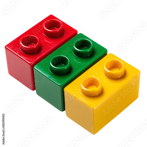 A row of three colorful red, green, and yellow building blocks against a black background. isolated on transparent background