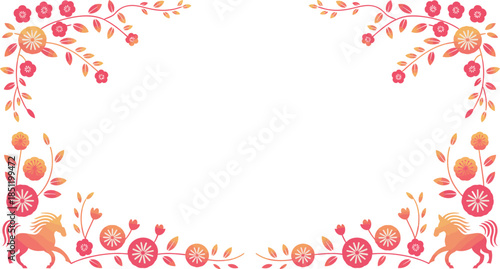 Obraz na plátně floral border with horse motifs in coral and orange gradient warm colors delicat