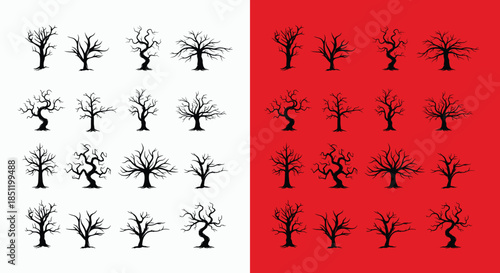 Set of bare trees in black silhouette on white and red backgrounds