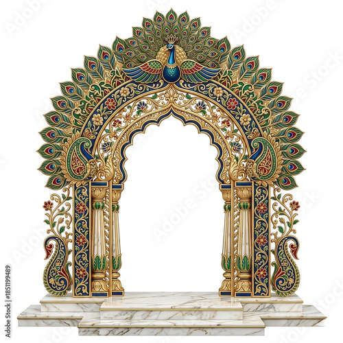 Ornate Peacock Archway with Marble Steps on White Background gateway decorative isolated on a transparent background
