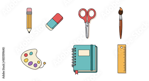 Collection of office and art supplies pencil eraser scissors and more