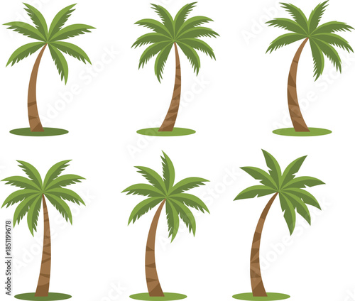 Flat vector illustration set of tropical palm trees with green fronds and curved trunks for summer vacation beach themes and exotic island designs.