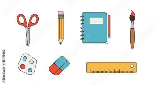 Collection of office and school supplies vector illustrations on white