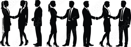 Business handshake silhouettes, professional men and women, corporate partnership concept, teamwork agreement, success meeting, black white vector illustration, isolated, background