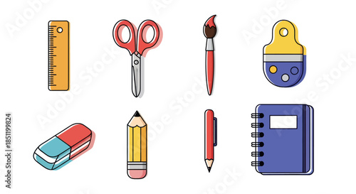Collection of school and art supplies illustrations on white background