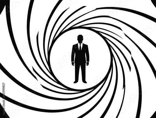 Businessman silhouette inside abstract spiral, spy concept, secret agent symbol, minimal black icon, mystery security illustration, design, background, graphic, poster