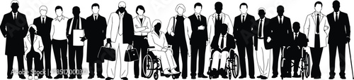 Diverse professional people silhouettes standing together, inclusive workforce concept with disability representation, business team lineup, black figures isolated white background