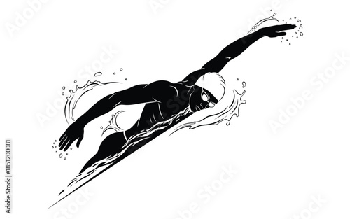Black and white illustration of a person swimming in a dynamic pose