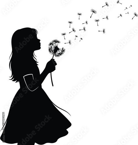 Girl silhouette blowing dandelion seeds, dreamy childhood wish concept, innocence and hope, nature fantasy, black white vector illustration, isolated background