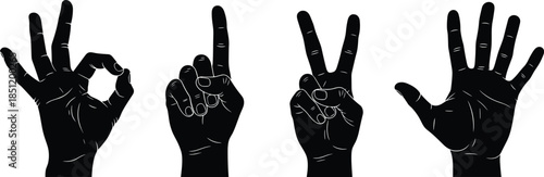 Hand gesture silhouettes set, fingers counting numbers, ok sign peace victory open palm, black white vector illustration, isolated background icons