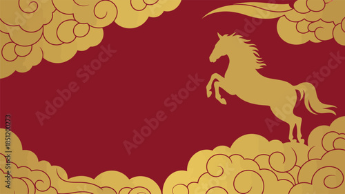 Golden horse silhouette jumping among clouds on red background traditional chinese pattern chinese new year celebration greeting card design