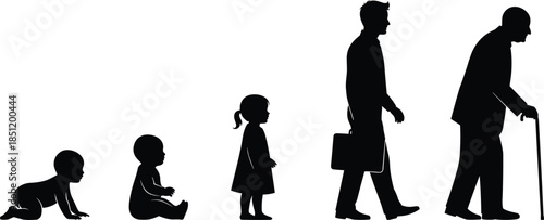 Human life stages silhouette sequence from baby to elderly man, aging process concept, generational growth timeline illustration isolated white background