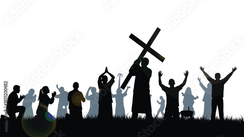 Jesus carrying cross silhouette, Christian worship crowd praying, faith devotion concept, Easter sacrifice scene, religious spiritual illustration, hope salvation, art
