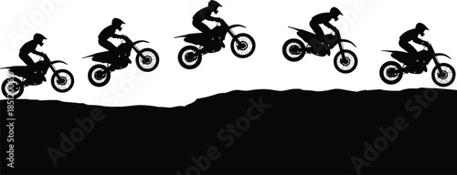 Motocross bike jump silhouette sequence, dirt motorcycle racing action, extreme off road sport movement, rider airborne poses isolated white background