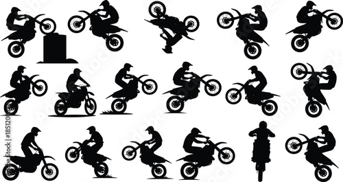 Motorcycle motocross stunt silhouettes set, extreme dirt bike jump action, rider tricks, black vector illustration, isolated on white background, design
