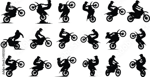 Motocross rider silhouettes performing stunts, dirt bike action poses collection, extreme sports motorcycle jumps, black figures isolated white background
