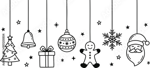 Christmas hand drawn decorations set including tree bell gift ornament gingerbread man snowflake santa