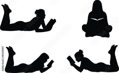 Reading silhouette, black and white illustration, people with books, relaxed posture, leisure activity, education, study, minimal design, peaceful moment, art