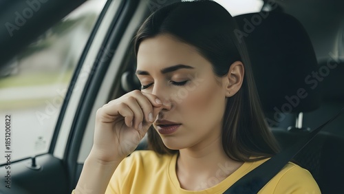Tired Young Woman in Car Feeling Unwell with Headache or Allergy Symptoms Touching Nose While Driving