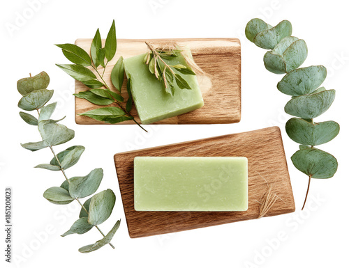A collection of artisanal green soap bars and fresh eucalyptus branches on wooden boards, isolated on black isolated on transparent background