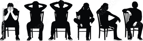 Seated silhouette poses, emotional expression, black and white illustration, body language, contemplation, stress, solitude, minimal design, artistic concept, posture