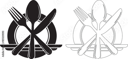 Black Fork Knife Spoon and Plate Icon Set. Restaurant or Food Service Symbol. Vector Illustration. isolated PNG with Transparent Background