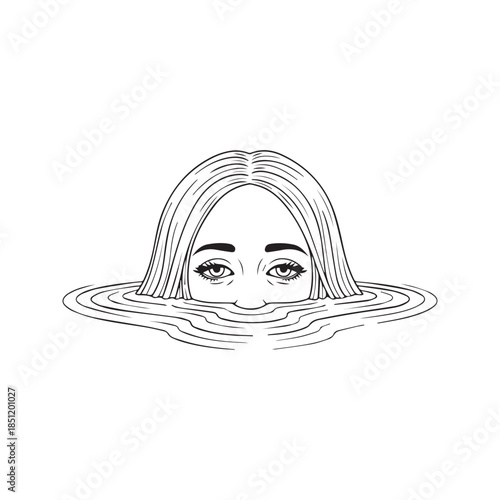 Surreal Hand Drawn Illustration of a Woman Head Half Submerged in Water Looking Forward Concept of Anxiety and Depression
