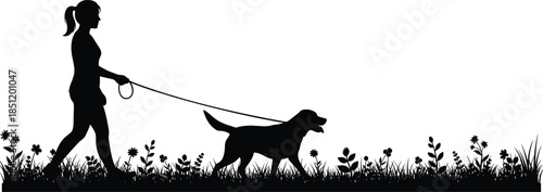 Woman walking dog silhouette in nature, female pet owner outdoor activity, leash training concept, black figures isolated white background