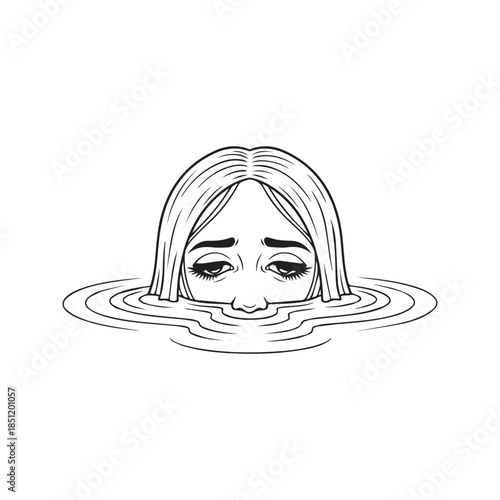 Surreal Hand Drawn Illustration of a Woman Head Half Submerged in Water Looking Forward Concept of Anxiety and Depression
