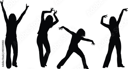 Women dancing silhouettes collection, expressive female dance poses, modern movement and rhythm concept, energetic figures isolated on white background illustration