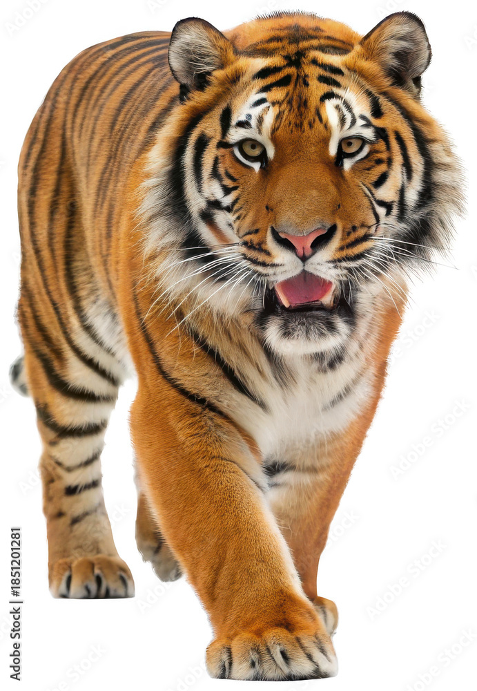 Fototapeta premium Majestic and powerfully built Bengal tiger with vibrant orange and black striped fur, intensely focused gaze, and slightly open mouth revealing pink tongue,, isolated on transparent background.