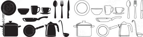Kitchenware and Dinnerware Vector Icons Set. Solid Black and Outline Style. isolated PNG with Transparent Background