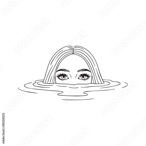 Surreal Hand Drawn Illustration of a Woman Head Half Submerged in Water Looking Forward Concept of Anxiety and Depression
