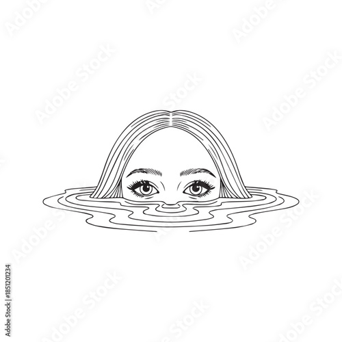 Surreal Hand Drawn Illustration of a Woman Head Half Submerged in Water Looking Forward Concept of Anxiety and Depression
