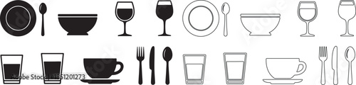 Vector set of minimalist black and outline kitchen and dining icons isolated PNG with Transparent Background