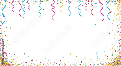 Vibrant vector illustration featuring a colorful frame of falling confetti and curly streamers on a white background for celebratory party event designs.