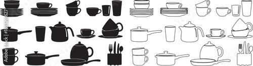 Set of Kitchenware and Tableware Vector Icons. Black Silhouettes and Outline Illustrations Isolated. isolated PNG with Transparent Background
