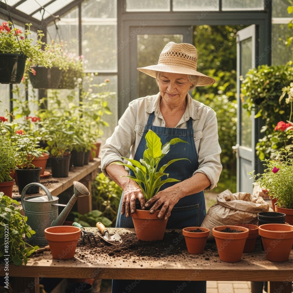 Obraz premium Authentic depiction of active aging featuring a gardener nurturing plants, focusing on the tactile connection between wrinkled hands and the earth.