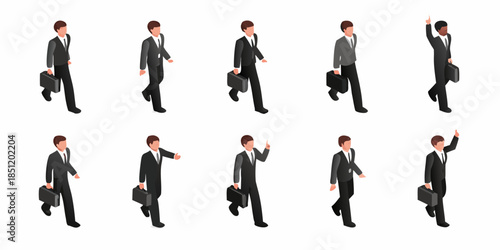 Isometric business people in suits walking and gesturing various poses