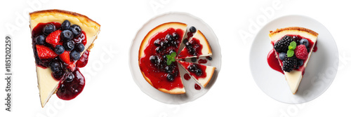 Obraz  z motywem Top View of Delicious cheesecake slices topped with vibrant berry fruit sauce isolated on transparent background