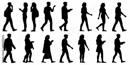 Silhouettes of people walking in various poses and different outfits